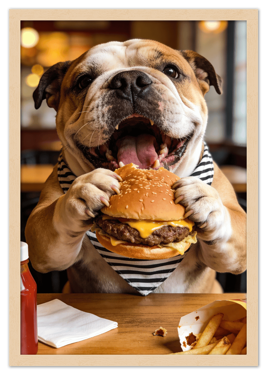 Personalized Pet Eating Burger Wall Art - Custom Funny Animal Print, Cute Kitchen Artwork, Upload Your Pet's Photo for a Quirky Portrait, Humorous Farmhouse Decor, Unique Gifts for Cat and Dog Lovers - Front View