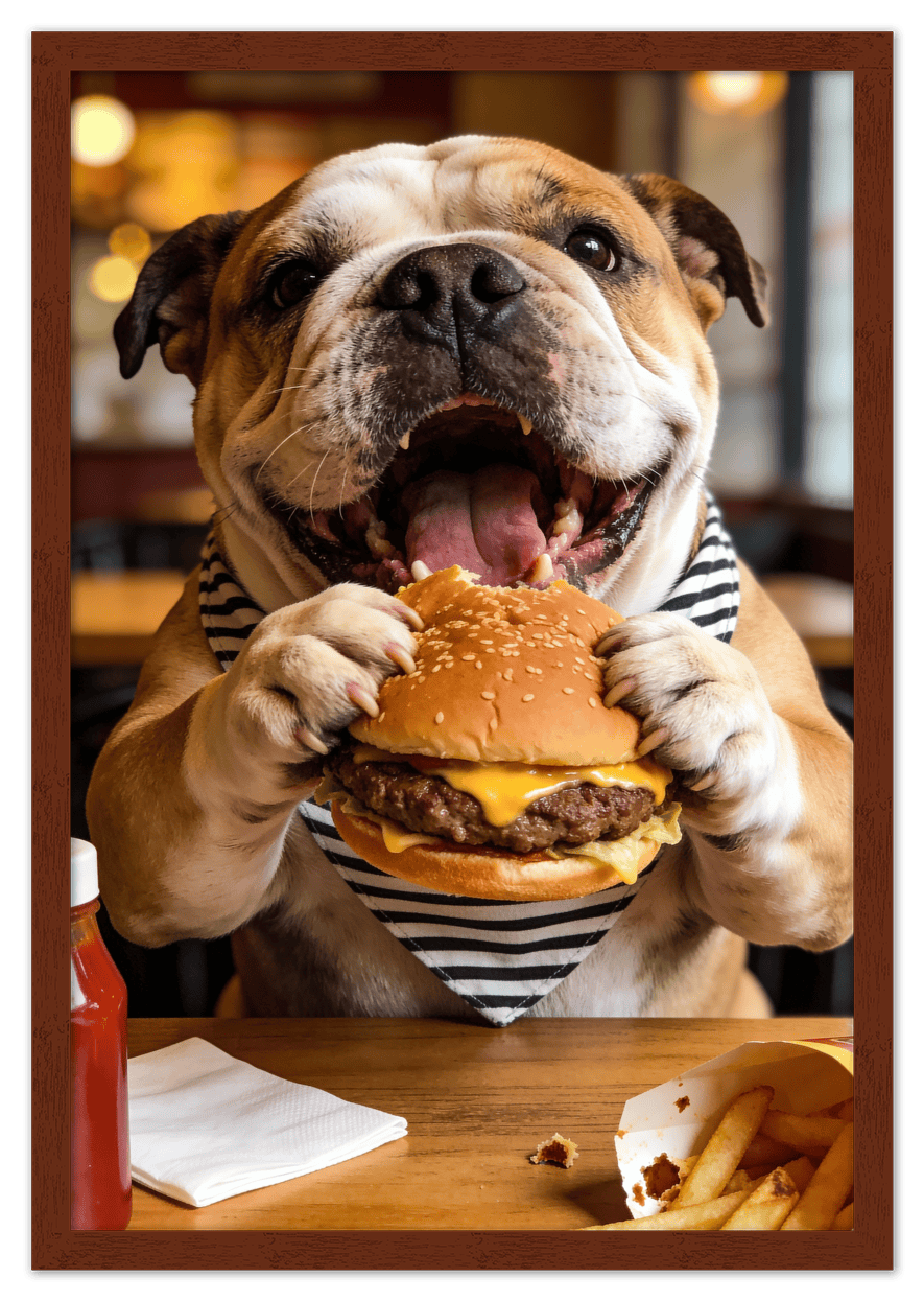 Personalized Pet Eating Burger Wall Art - Custom Funny Animal Print, Cute Kitchen Artwork, Upload Your Pet's Photo for a Quirky Portrait, Humorous Farmhouse Decor, Unique Gifts for Cat and Dog Lovers - Front View