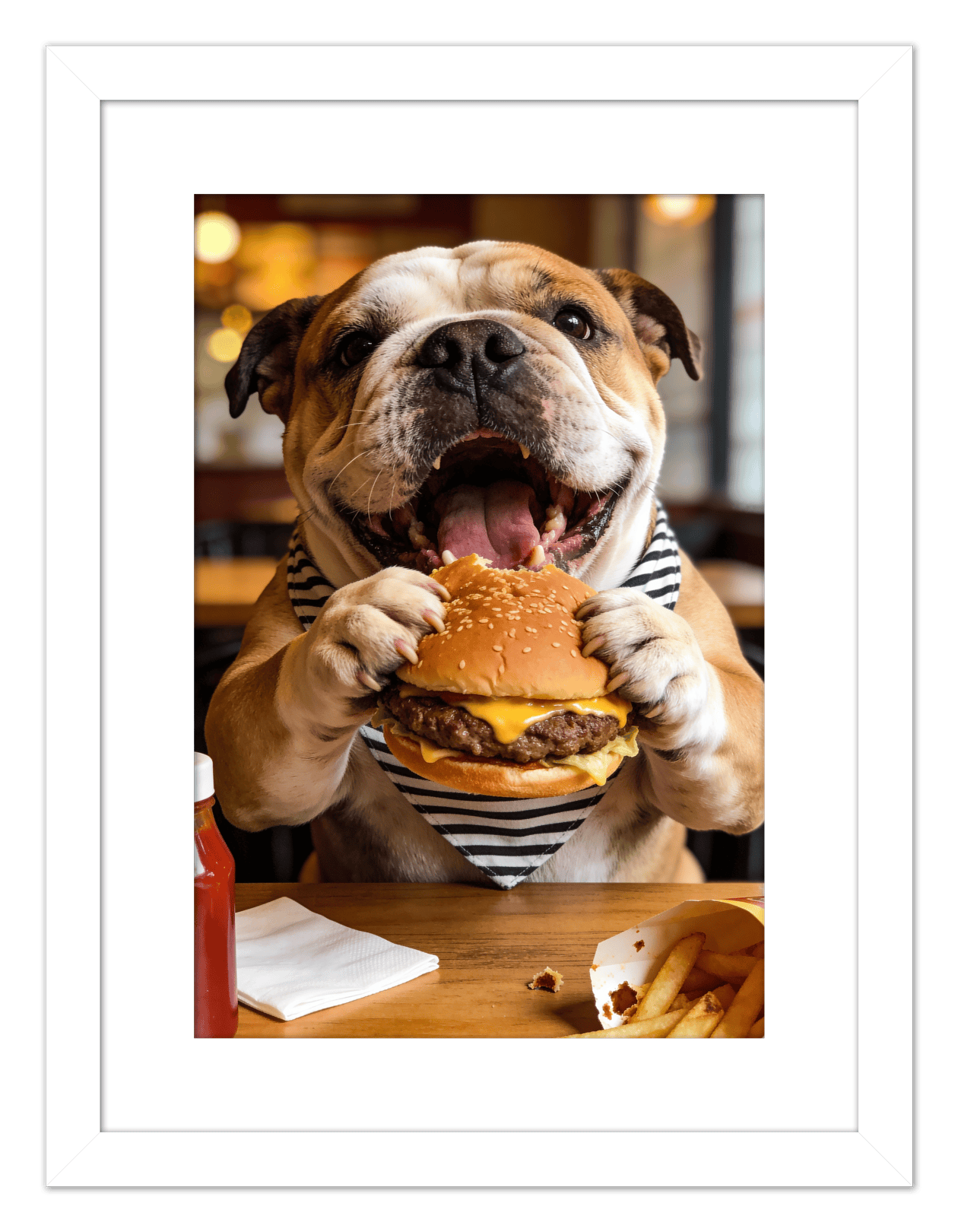 Personalized Pet Eating Burger Wall Art - Custom Funny Animal Print, Cute Kitchen Artwork, Upload Your Pet's Photo for a Quirky Portrait, Humorous Farmhouse Decor, Unique Gifts for Cat and Dog Lovers - Front View