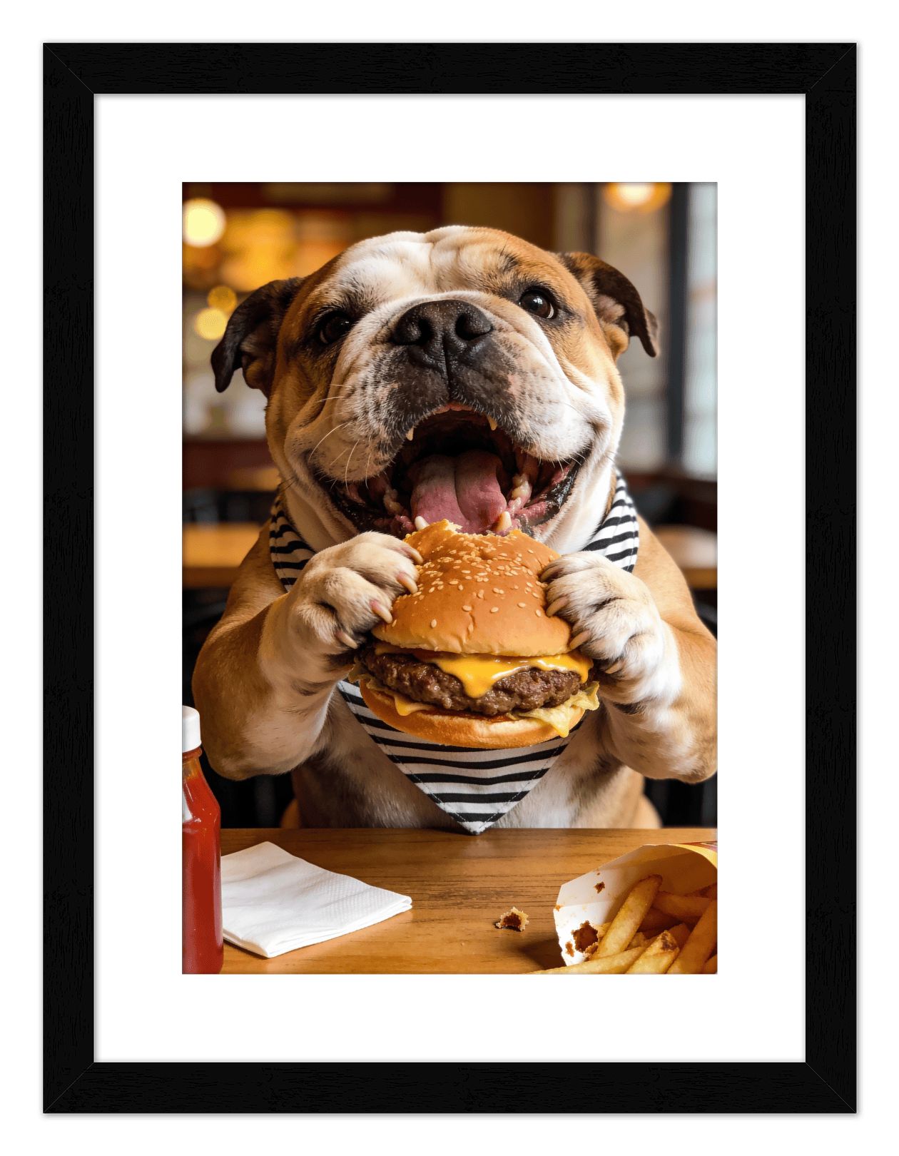 Personalized Pet Eating Burger Wall Art - Custom Funny Animal Print, Cute Kitchen Artwork, Upload Your Pet's Photo for a Quirky Portrait, Humorous Farmhouse Decor, Unique Gifts for Cat and Dog Lovers - Front View