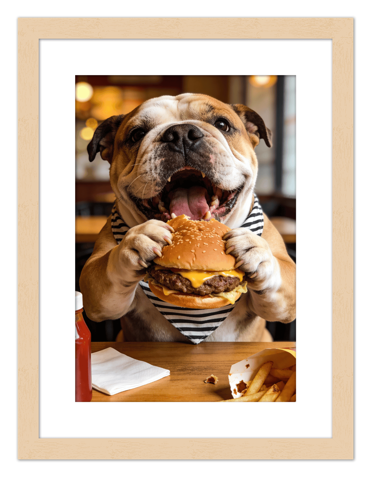 Personalized Pet Eating Burger Wall Art - Custom Funny Animal Print, Cute Kitchen Artwork, Upload Your Pet's Photo for a Quirky Portrait, Humorous Farmhouse Decor, Unique Gifts for Cat and Dog Lovers - Front View