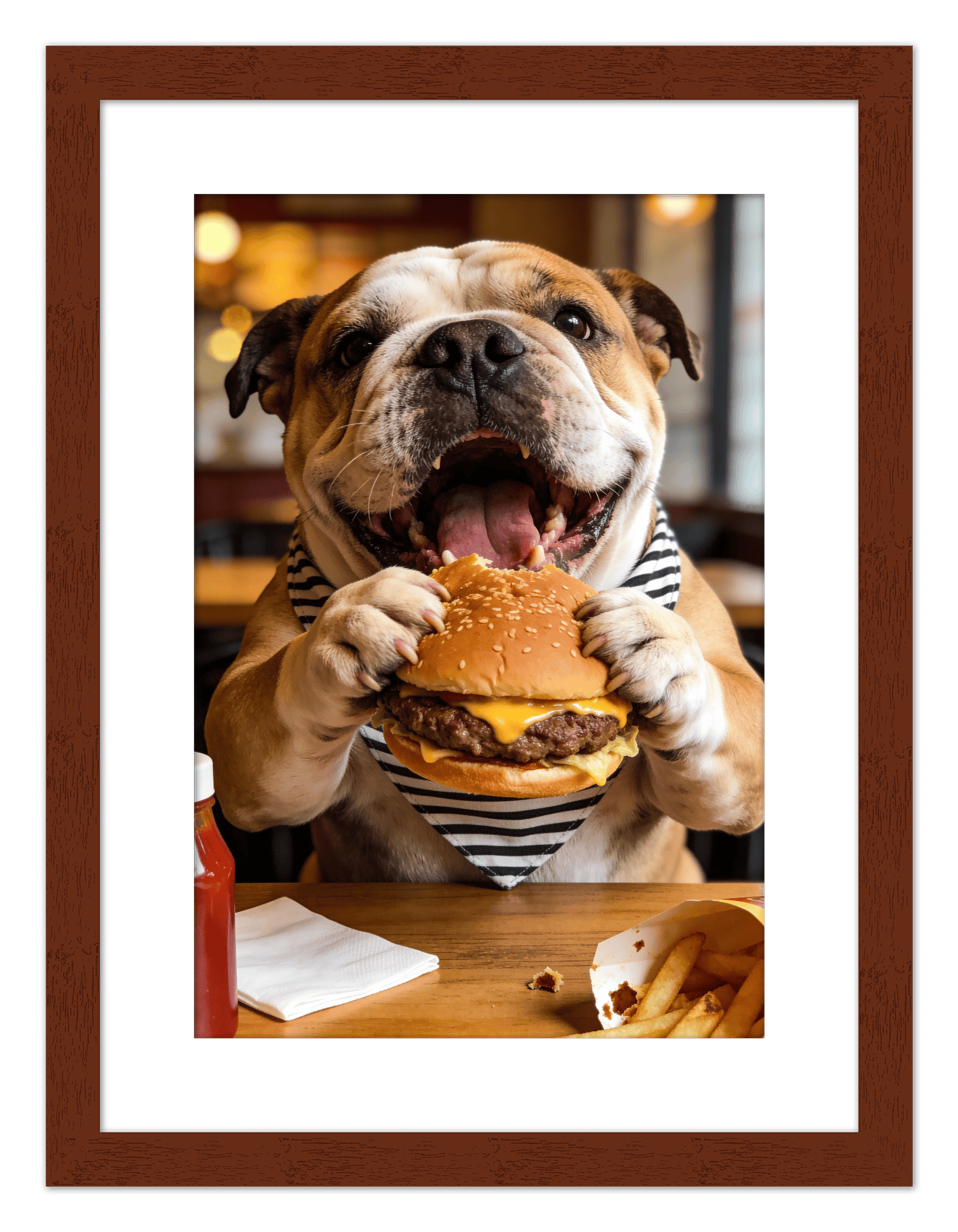 Personalized Pet Eating Burger Wall Art - Custom Funny Animal Print, Cute Kitchen Artwork, Upload Your Pet's Photo for a Quirky Portrait, Humorous Farmhouse Decor, Unique Gifts for Cat and Dog Lovers - Front View
