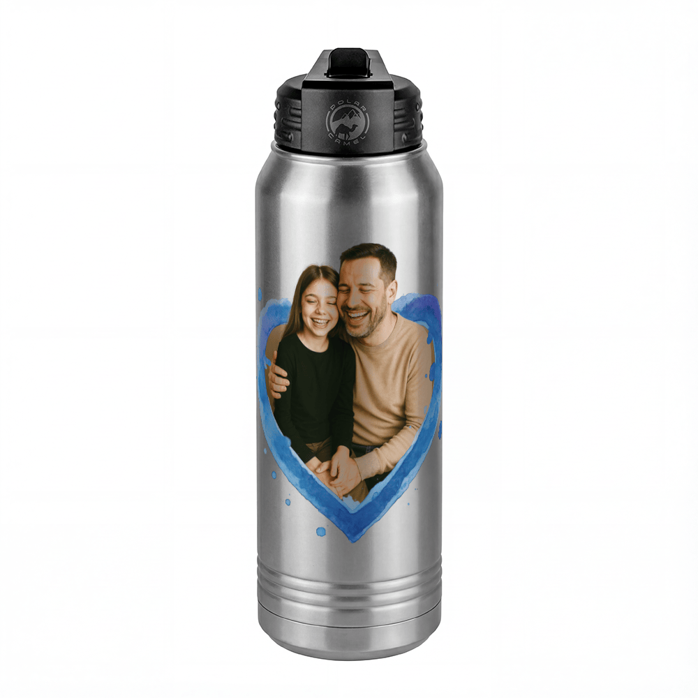 Personalized Photo Water Bottle with Heart Design - Pop-Up Effect Picture, 30 oz Vacuum Insulated Stainless Steel Thermos, Double Walled Reusable Hydration Bottles for Travel, Gym, School, Office - Front View