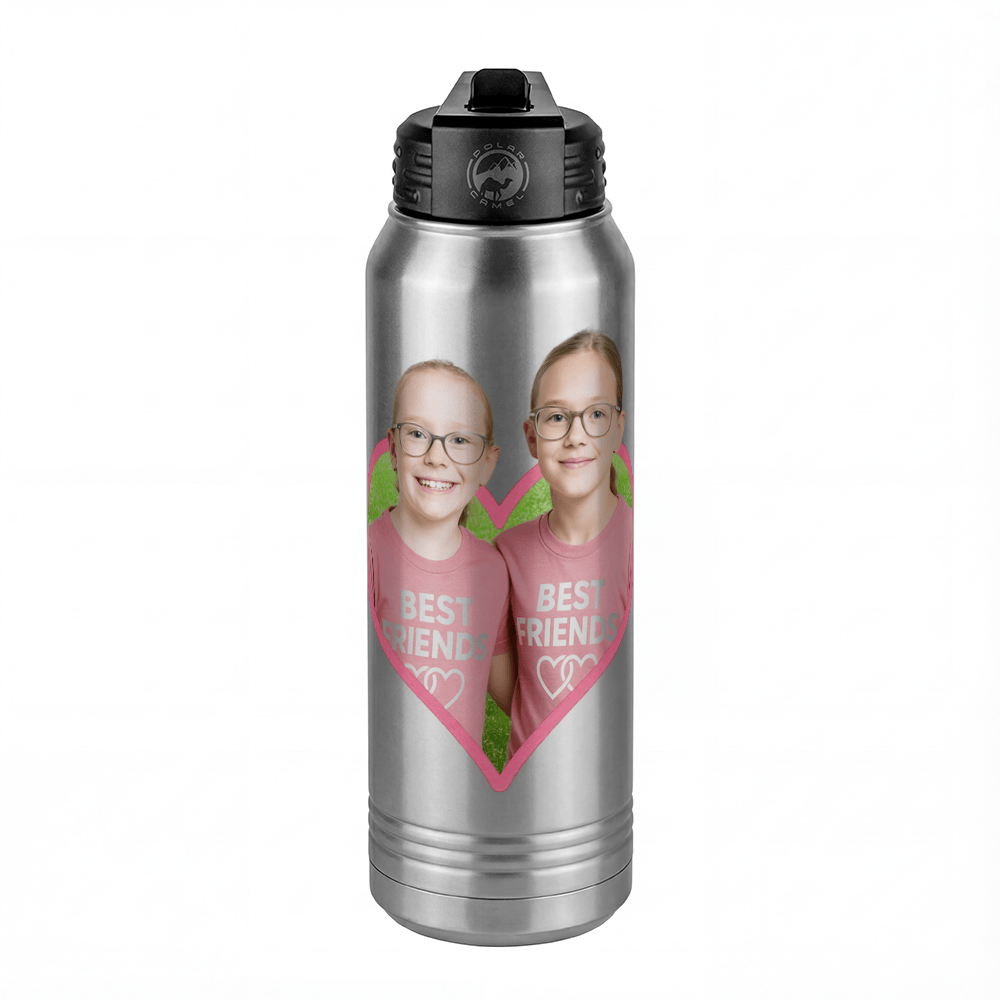 Personalized Photo Water Bottle with Heart Design - Pop-Up Effect Picture, 30 oz Vacuum Insulated Stainless Steel Thermos, Double Walled Reusable Hydration Bottles for Travel, Gym, School, Office - Front View