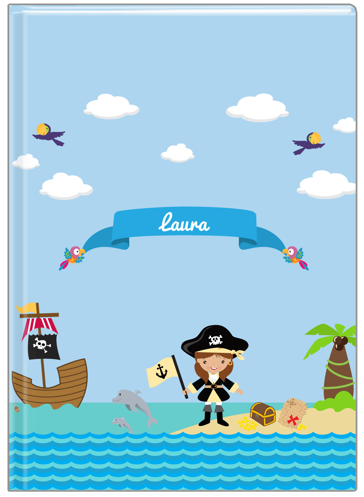 Personalized Pirate Journal I - Girl Pirate with Flag - Brunette Girl - Front View
