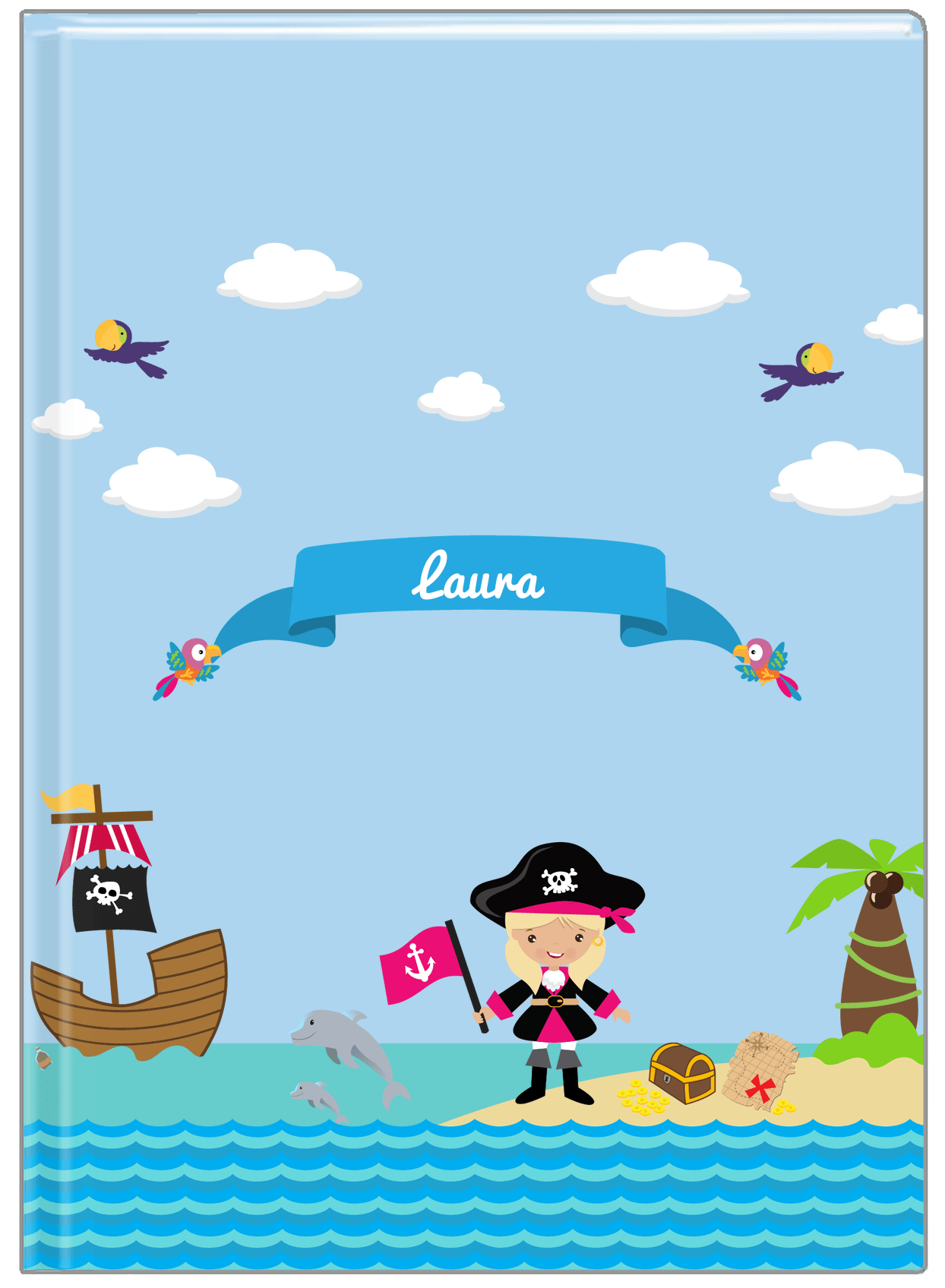 Personalized Pirate Journal I - Girl Pirate with Flag - Blonde Girl - Front View