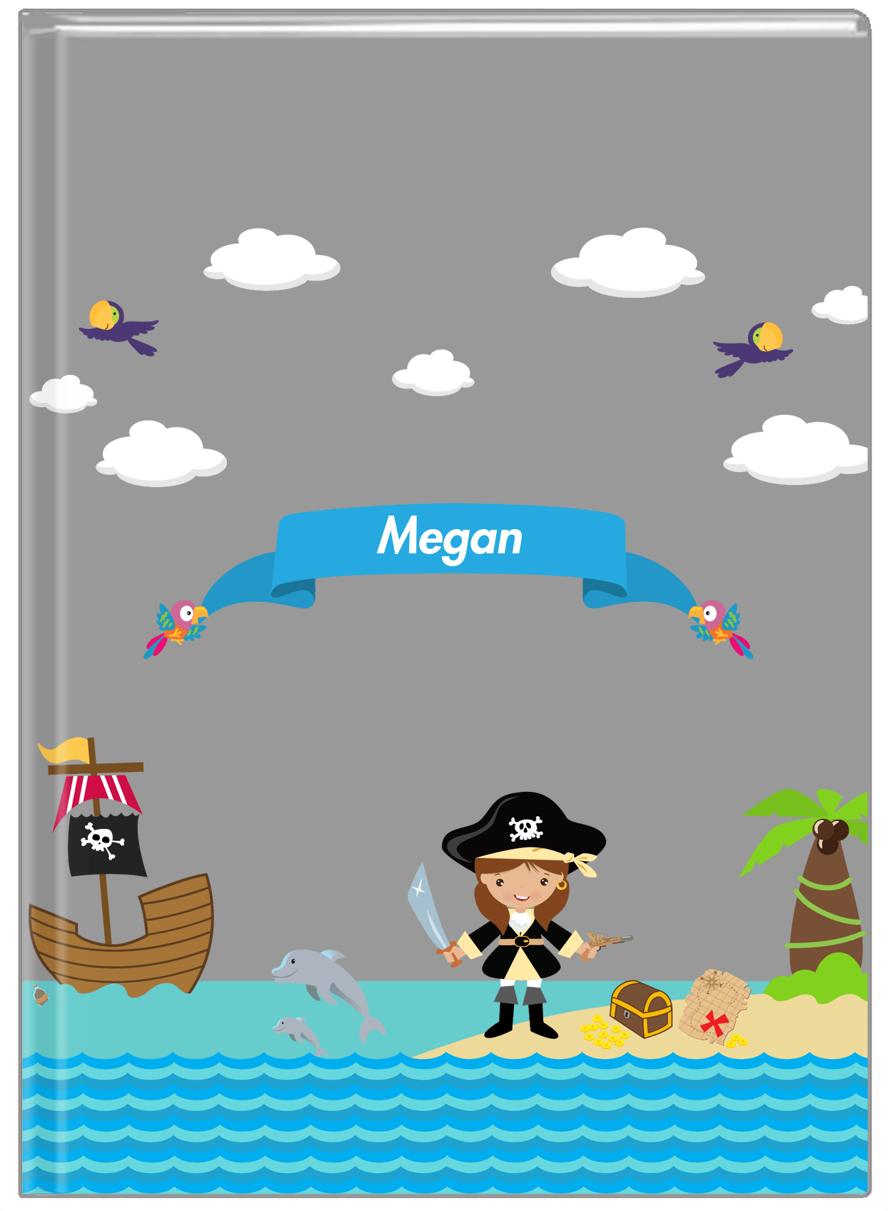 Personalized Pirate Journal II - Girl Pirate with Sword - Brunette Girl - Front View