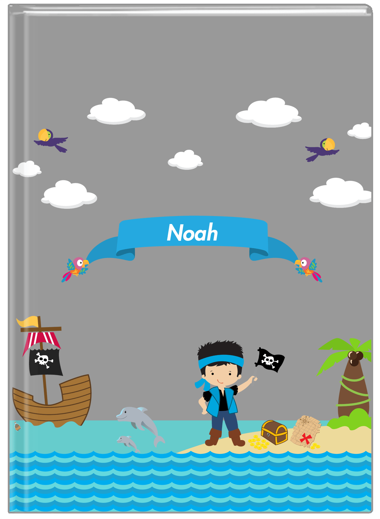 Personalized Pirate Journal III - Boy Pirate with Flag - Black Hair Boy - Front View