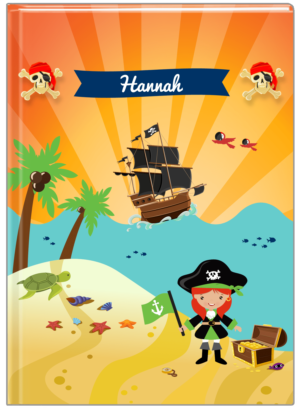 Personalized Pirate Journal XI - Girl Pirate with Flag - Redhead Girl - Front View