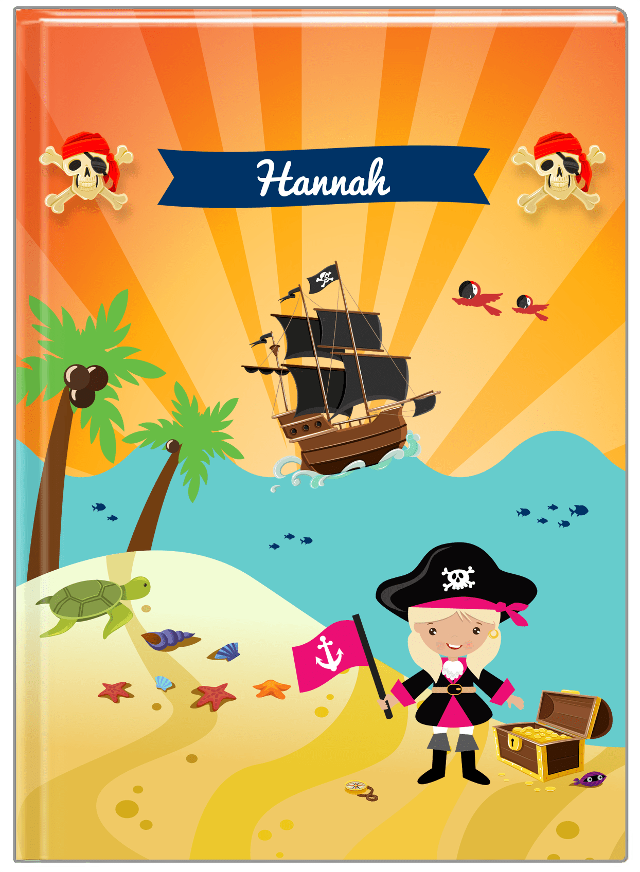 Personalized Pirate Journal XI - Girl Pirate with Flag - Blonde Girl - Front View