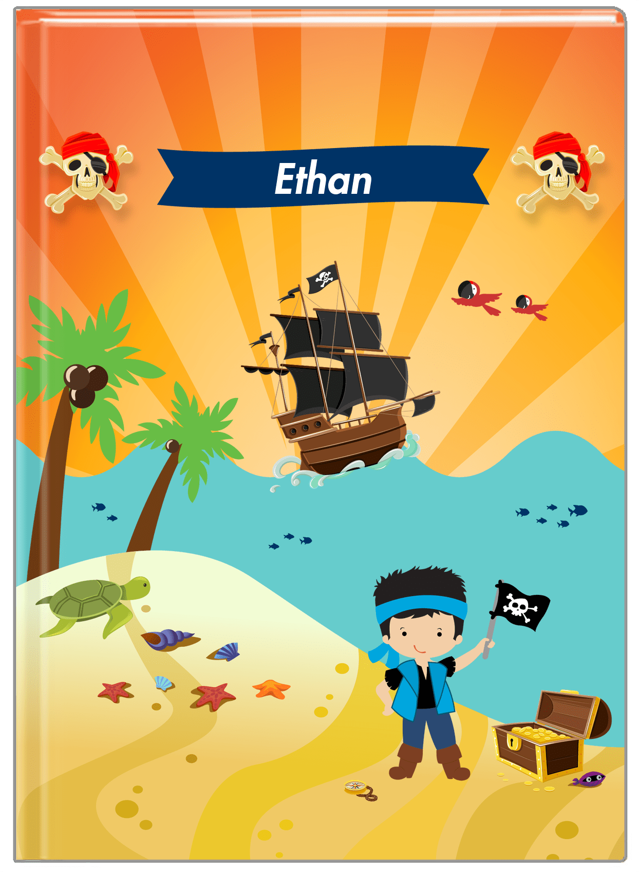 Personalized Pirate Journal XIII - Boy Pirate with Flag - Black Hair Boy - Front View