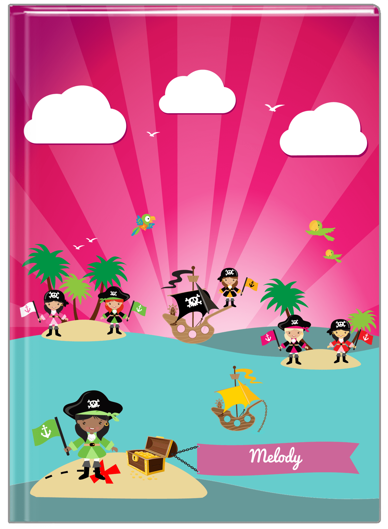 Personalized Pirate Journal XXI - Girl Pirate with Flag - Black Girl - Front View