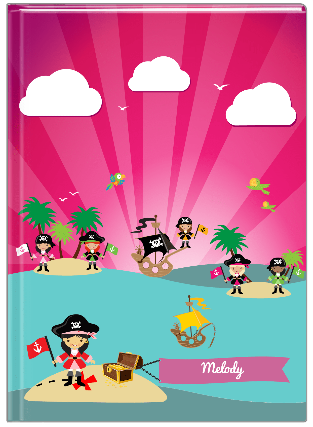 Personalized Pirate Journal XXI - Girl Pirate with Flag - Asian Girl - Front View