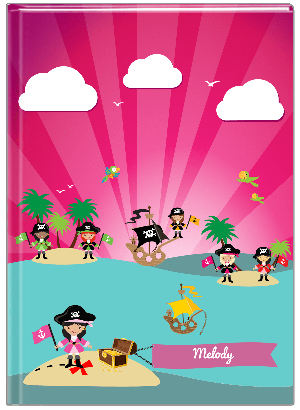 Personalized Pirate Journal XXI - Girl Pirate with Flag - Black Hair Girl - Front View