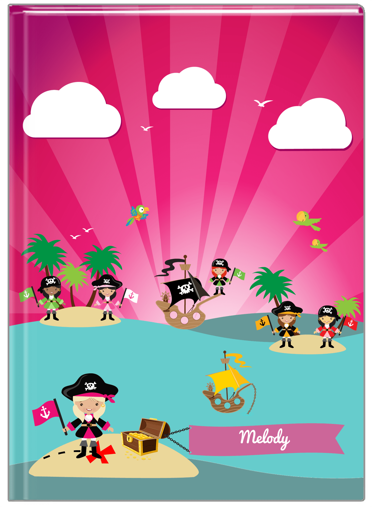 Personalized Pirate Journal XXI - Girl Pirate with Flag - Blonde Girl - Front View