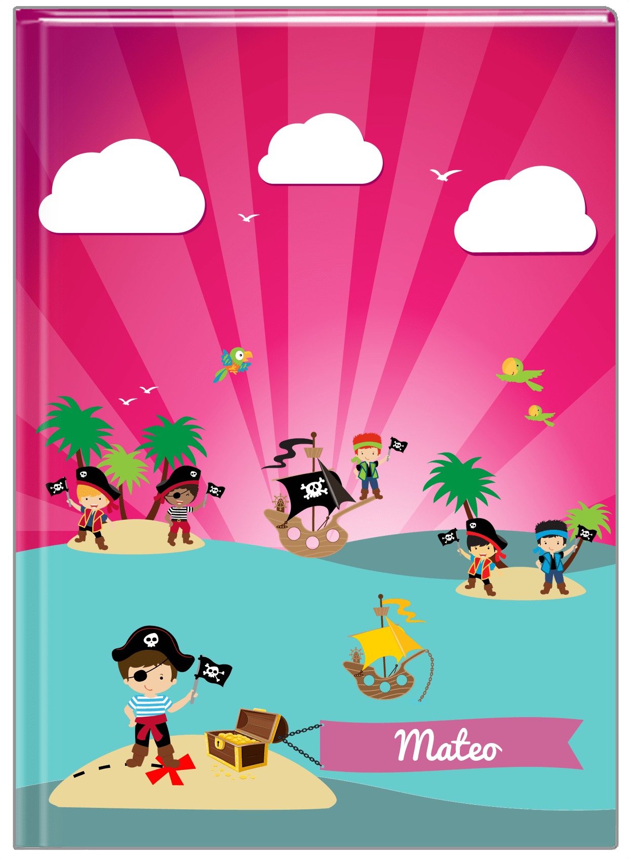 Personalized Pirate Journal XXIII - Boy Pirate with Flag - Brown Hair Boy - Front View