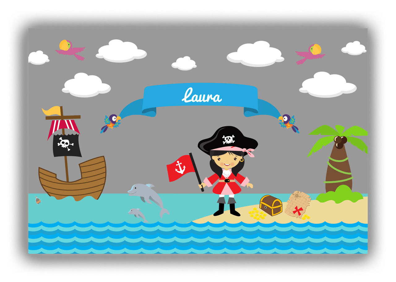 Personalized Pirate Canvas Wrap & Photo Print I - Grey Background - Asian Girl with Flag - Front View