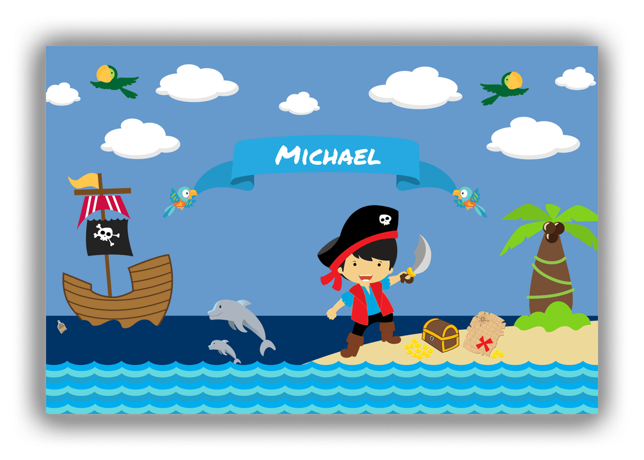 Personalized Pirate Canvas Wrap & Photo Print IV - Blue Background - Asian Boy with Sword - Front View