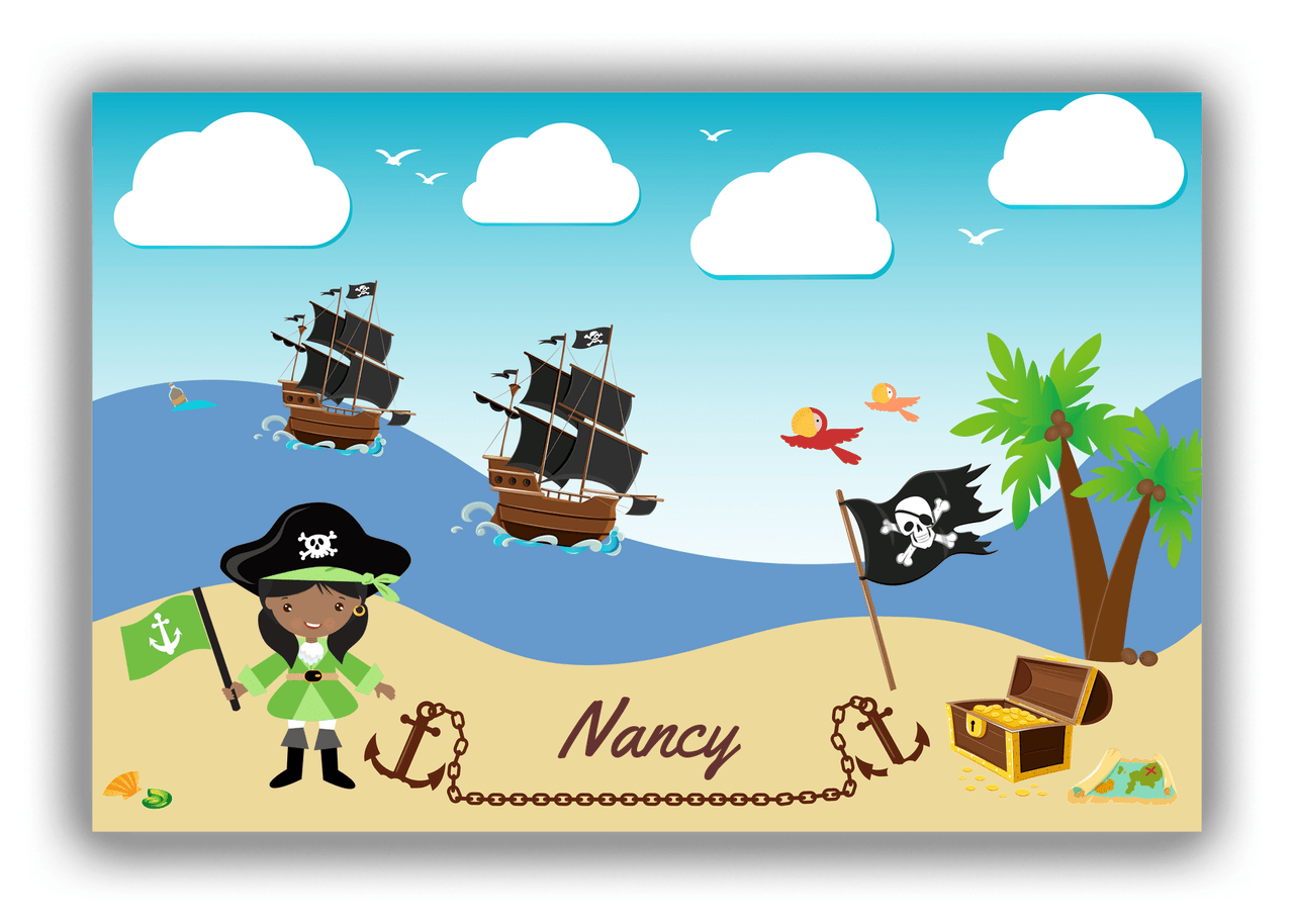 Personalized Pirate Canvas Wrap & Photo Print V - Blue Background - Black Girl with Flag - Front View
