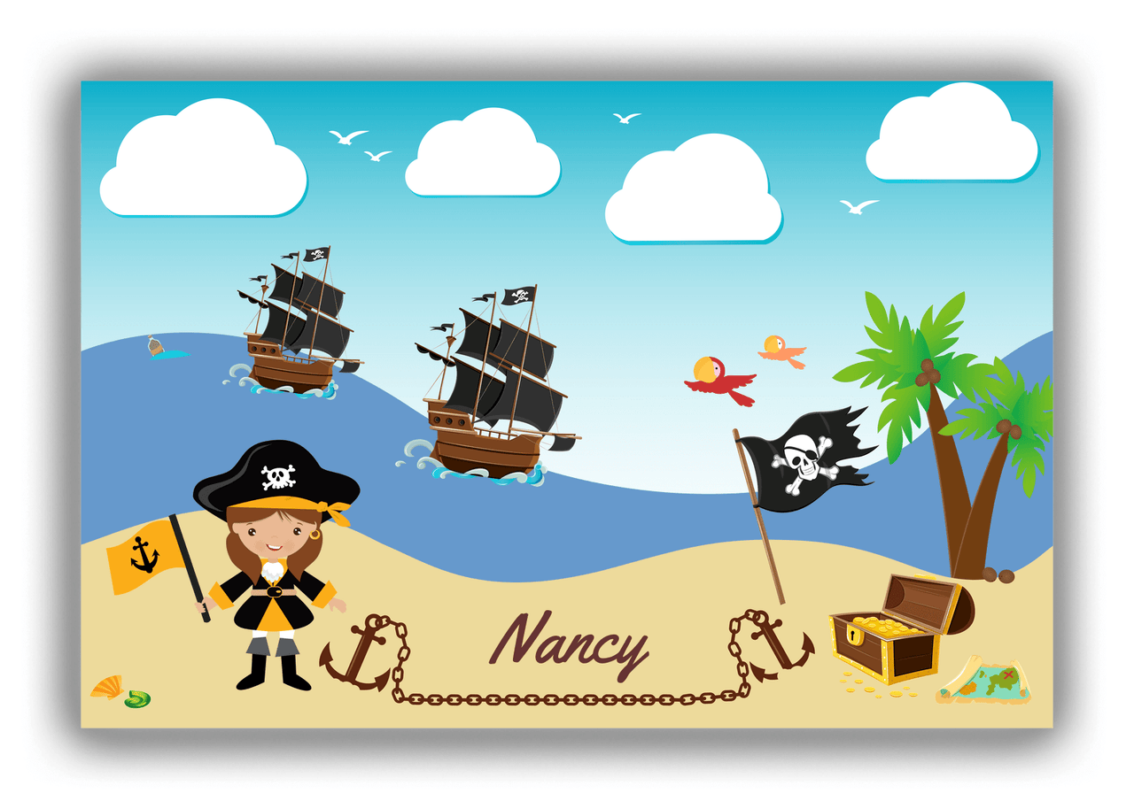 Personalized Pirate Canvas Wrap & Photo Print V - Blue Background - Brunette Girl with Flag - Front View