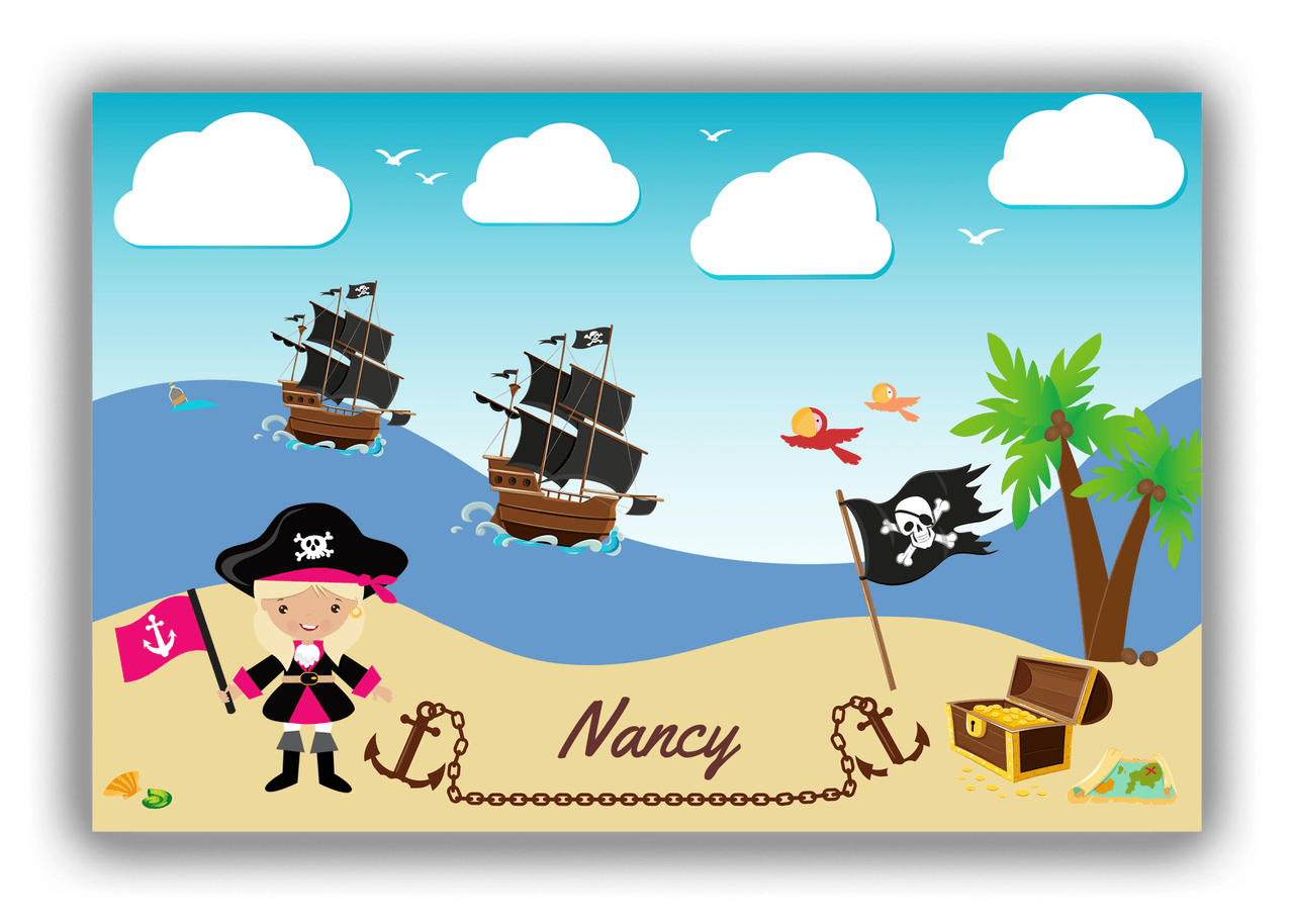 Personalized Pirate Canvas Wrap & Photo Print V - Blue Background - Blonde Girl with Flag - Front View