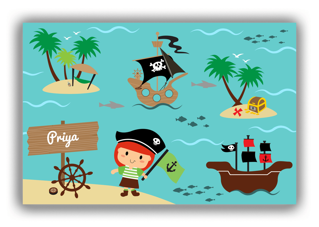 Personalized Pirate Canvas Wrap & Photo Print IX - Blue Background - Redhead Girl - Front View