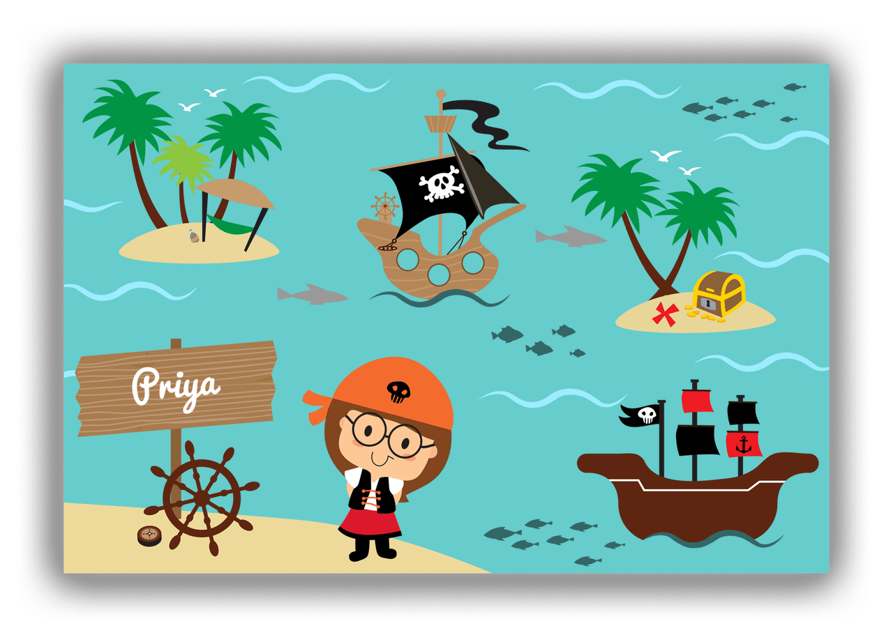Personalized Pirate Canvas Wrap & Photo Print IX - Blue Background - Brunette Girl - Front View