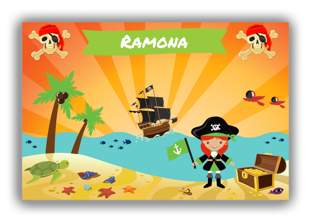 Personalized Pirate Canvas Wrap & Photo Print XI - Blue Background - Redhead Girl with Flag - Front View