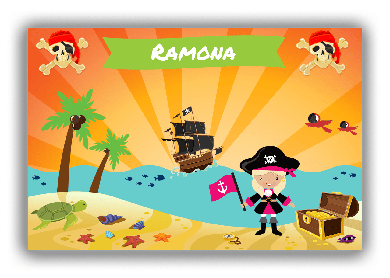 Personalized Pirate Canvas Wrap & Photo Print XI - Blue Background - Blonde Girl with Flag - Front View