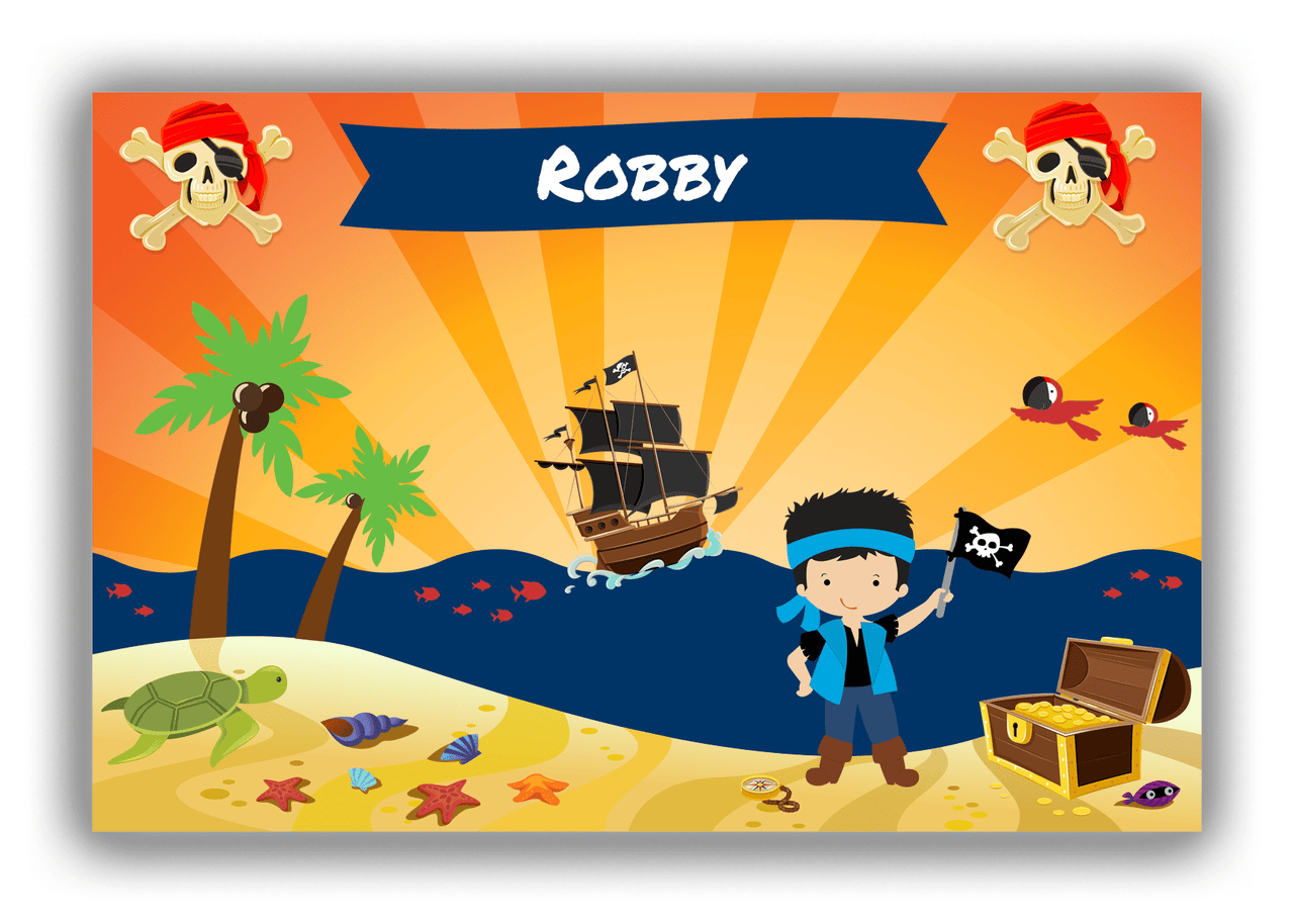 Personalized Pirate Canvas Wrap & Photo Print XIII - Blue Background - Black Hair Boy with Flag - Front View