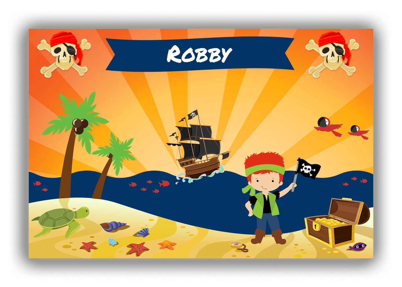 Personalized Pirate Canvas Wrap & Photo Print XIII - Blue Background - Redhead Boy with Flag - Front View