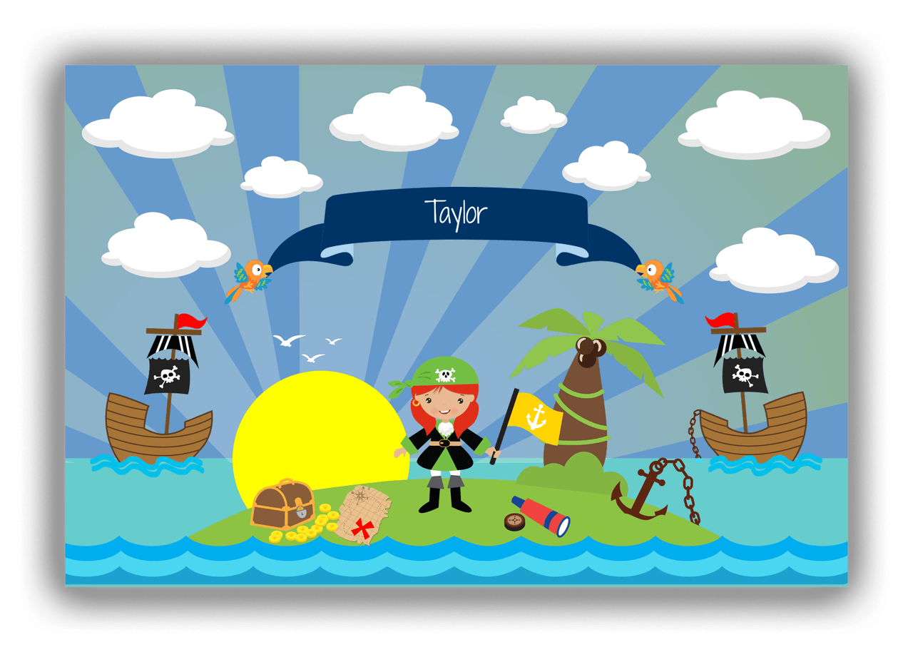 Personalized Pirate Canvas Wrap & Photo Print XV - Blue Background - Redhead Girl with Flag - Front View