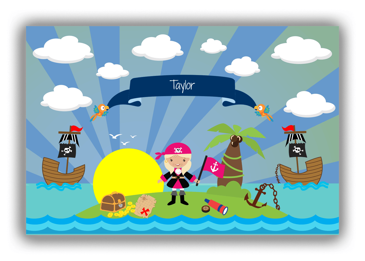 Personalized Pirate Canvas Wrap & Photo Print XV - Blue Background - Blonde Girl with Flag - Front View