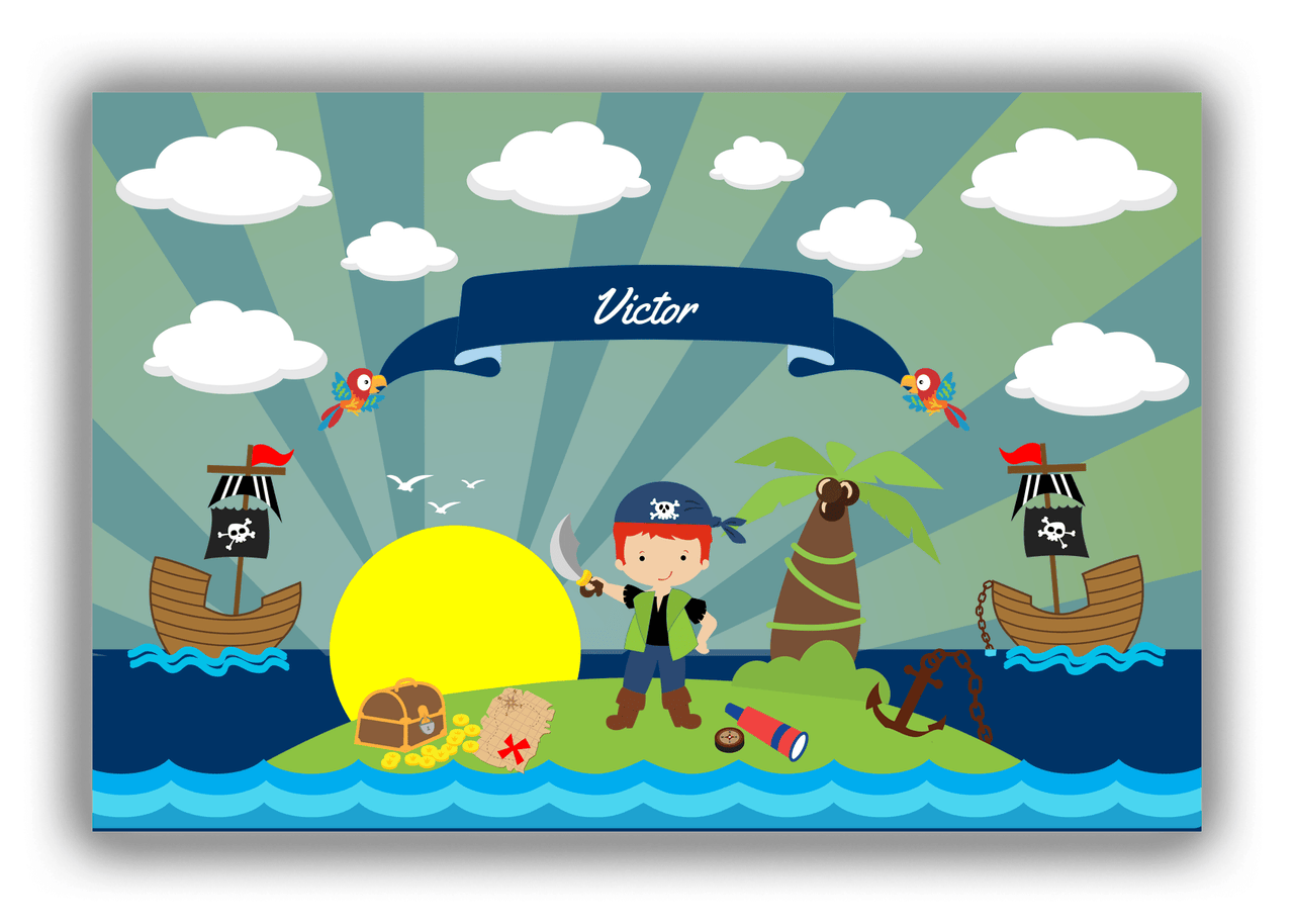 Personalized Pirate Canvas Wrap & Photo Print XVIII - Blue Background - Redhead Boy with Sword - Front View