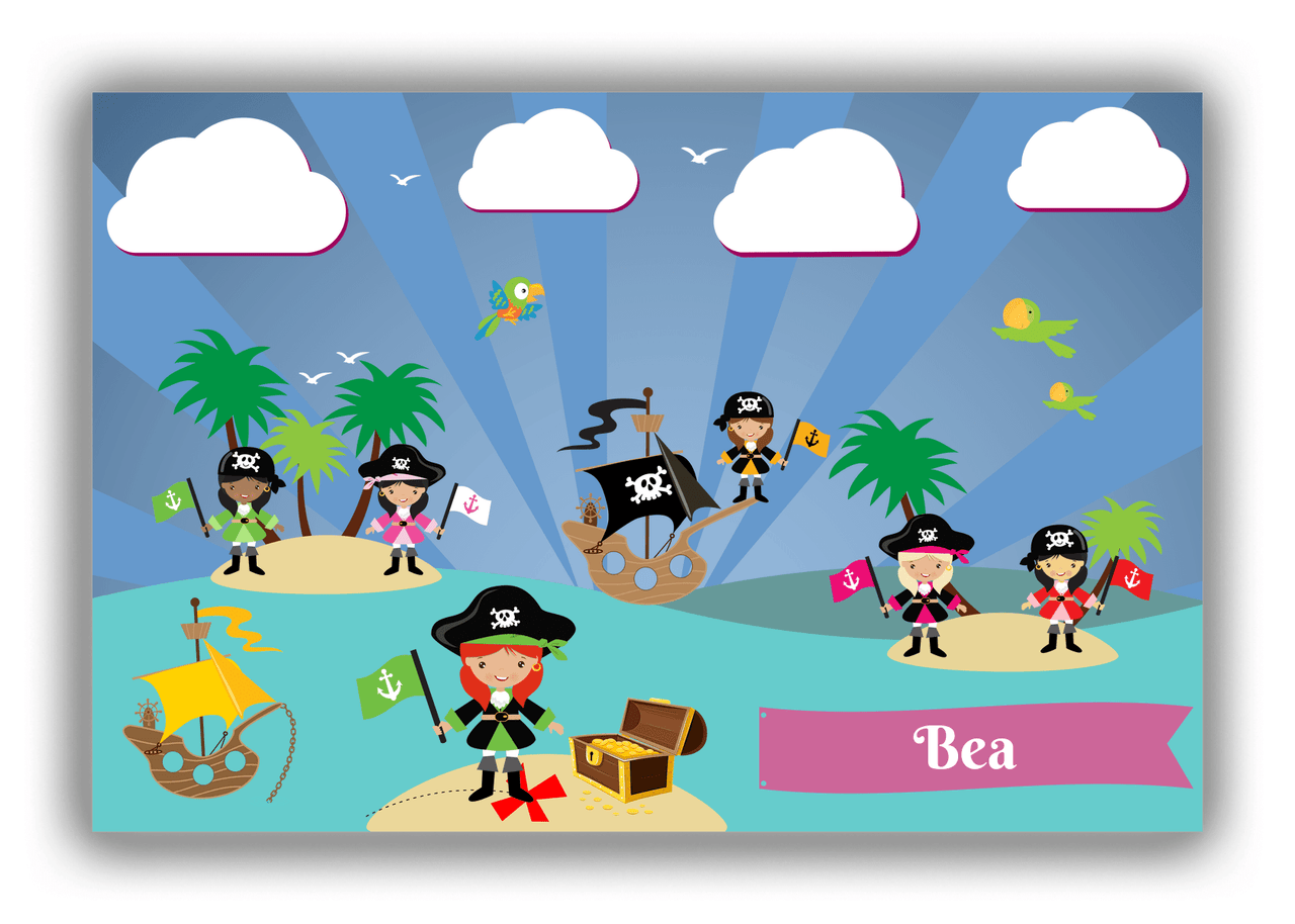 Personalized Pirate Canvas Wrap & Photo Print XXI - Blue Background - Redhead Girl with Flag - Front View