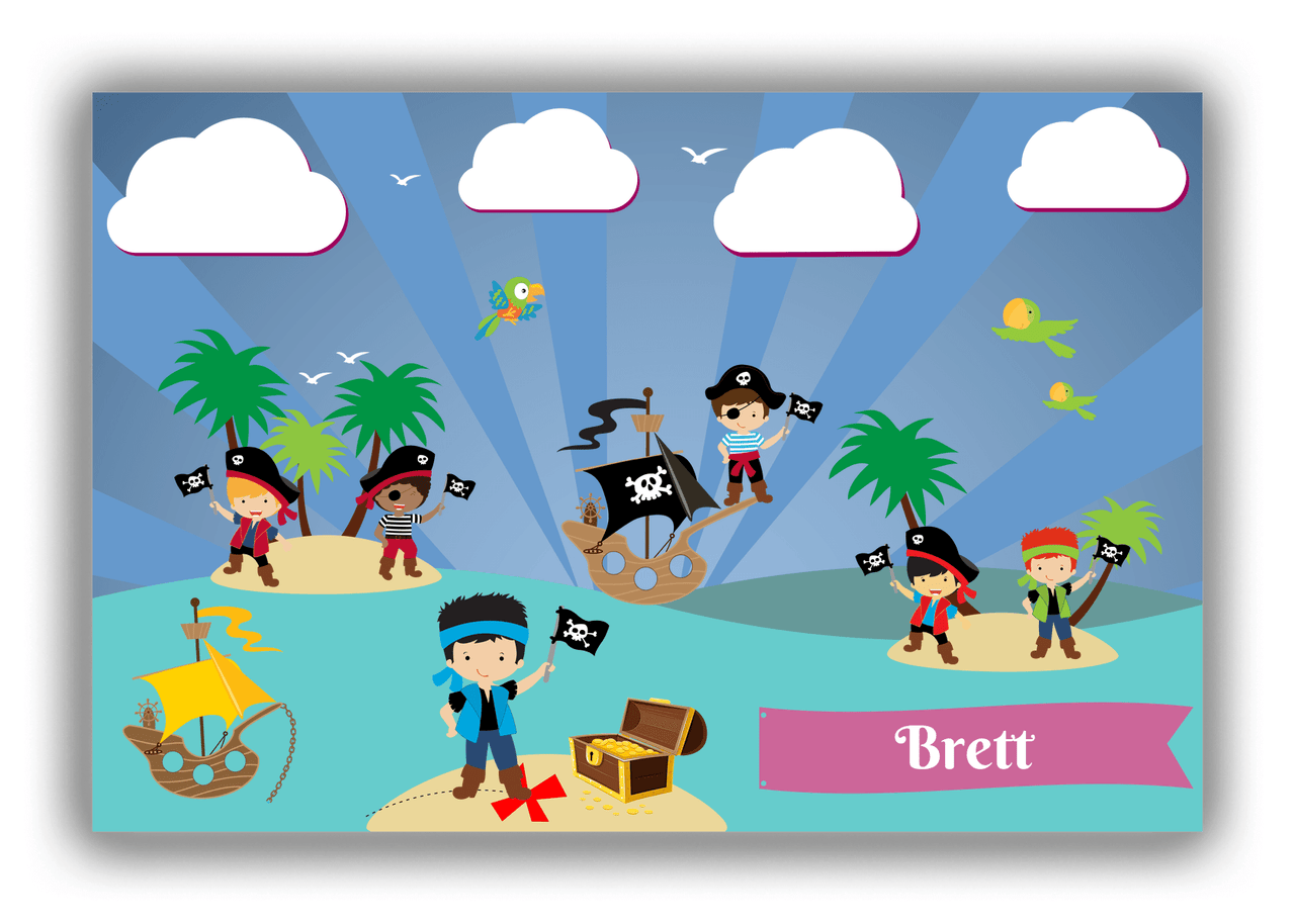 Personalized Pirate Canvas Wrap & Photo Print XXIII - Blue Background - Black Hair Boy with Flag - Front View