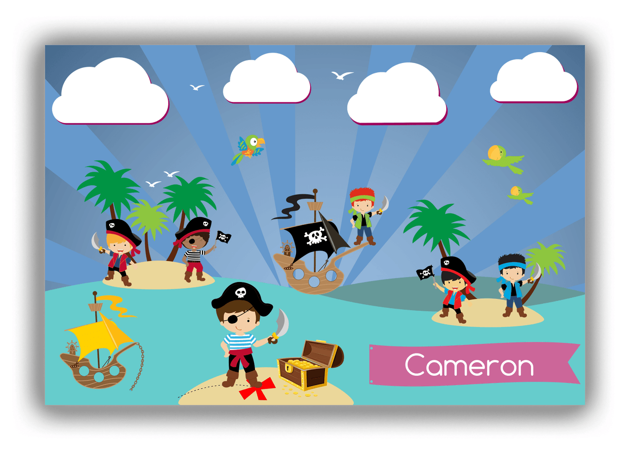 Personalized Pirate Canvas Wrap & Photo Print XXIV - Blue Background - Brown Hair Boy with Sword - Front View