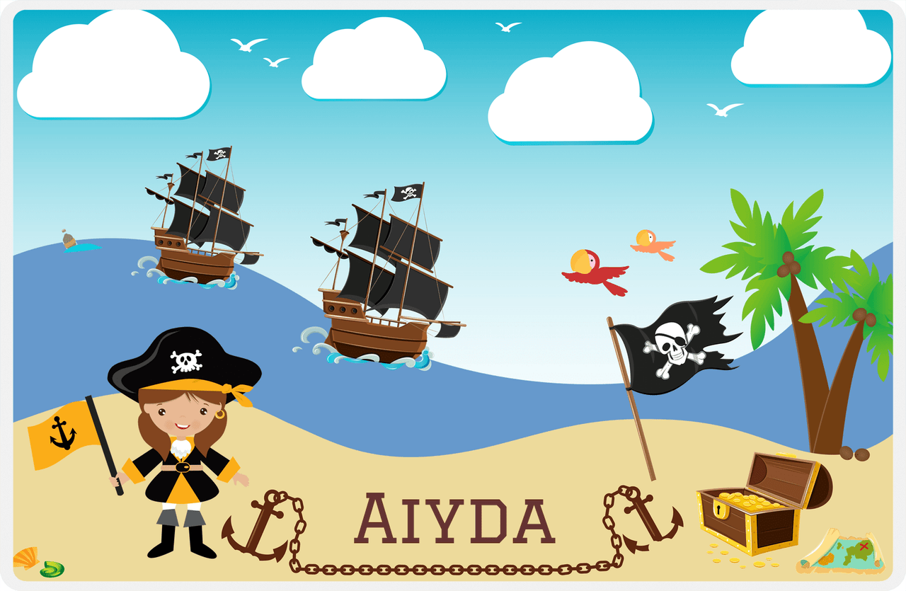 Personalized Pirate Placemat - Girl Pirate with Flag II - Brunette Girl -  View