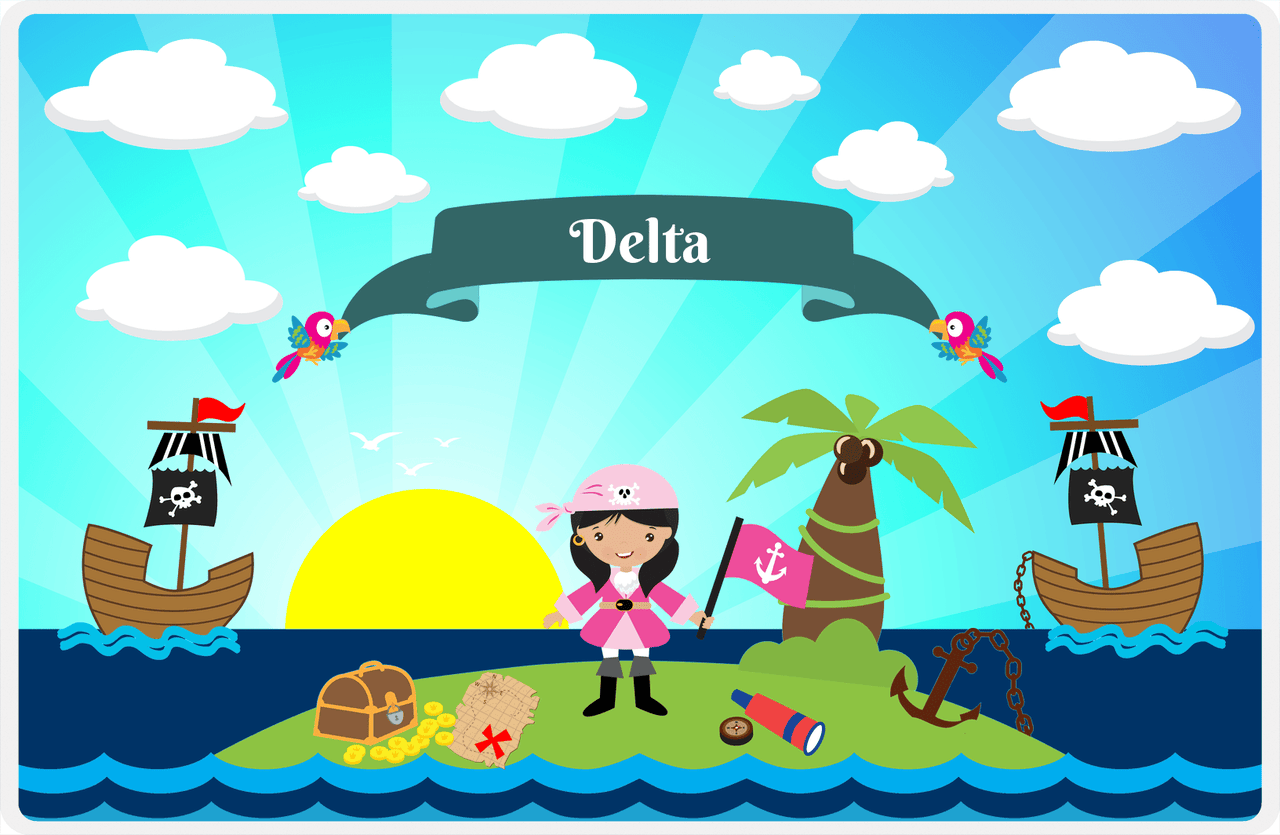 Personalized Pirate Placemat - Girl Pirate with Flag V - Black Hair Girl -  View