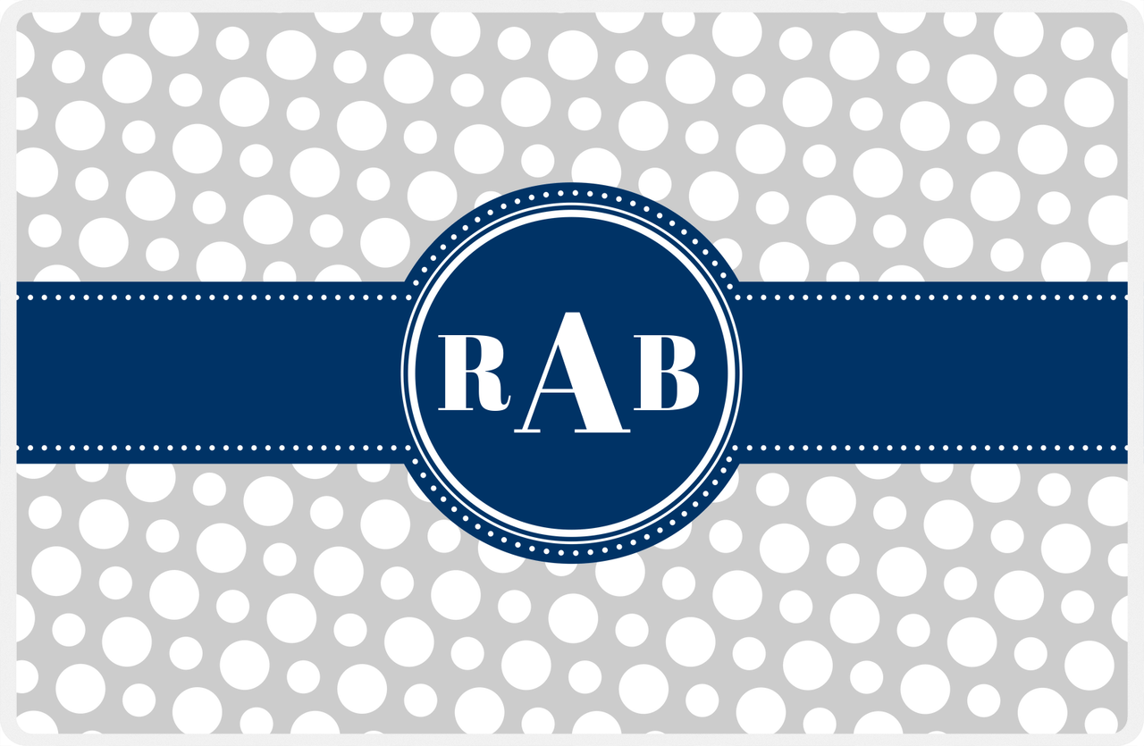 Personalized Polka Dot Placemat - Light Grey and White - Navy Circle Frame With Ribbon -  View