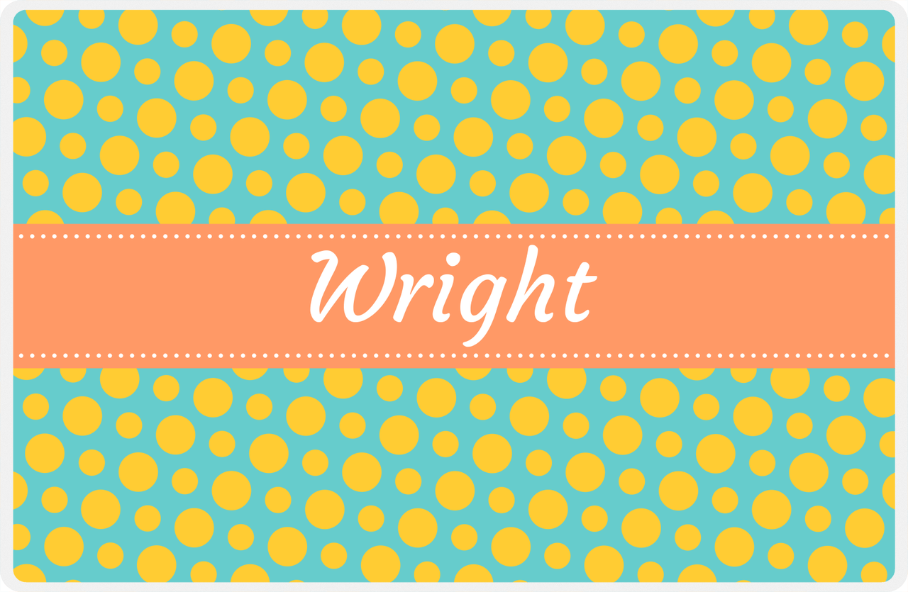 Personalized Polka Dot Placemat - Viking Blue and Mustard - Tangerine Ribbon Frame -  View