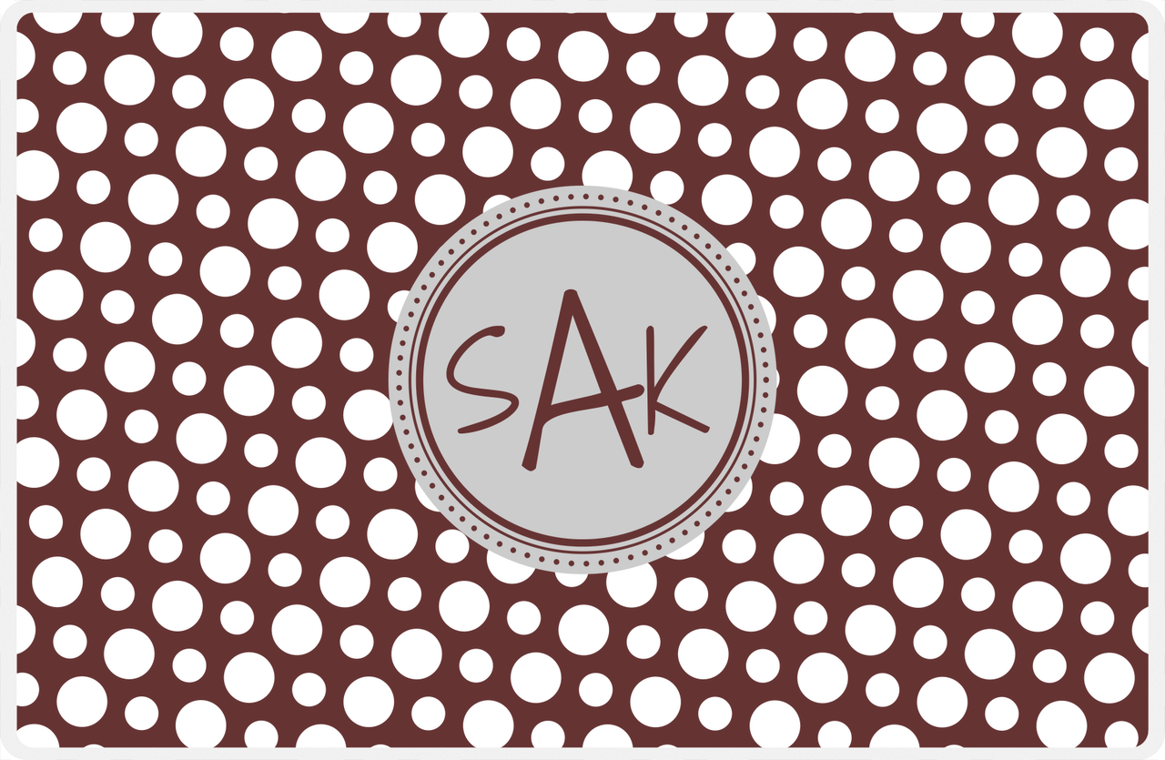 Personalized Polka Dot Placemat - Brown and White - Light Grey Circle Frame -  View
