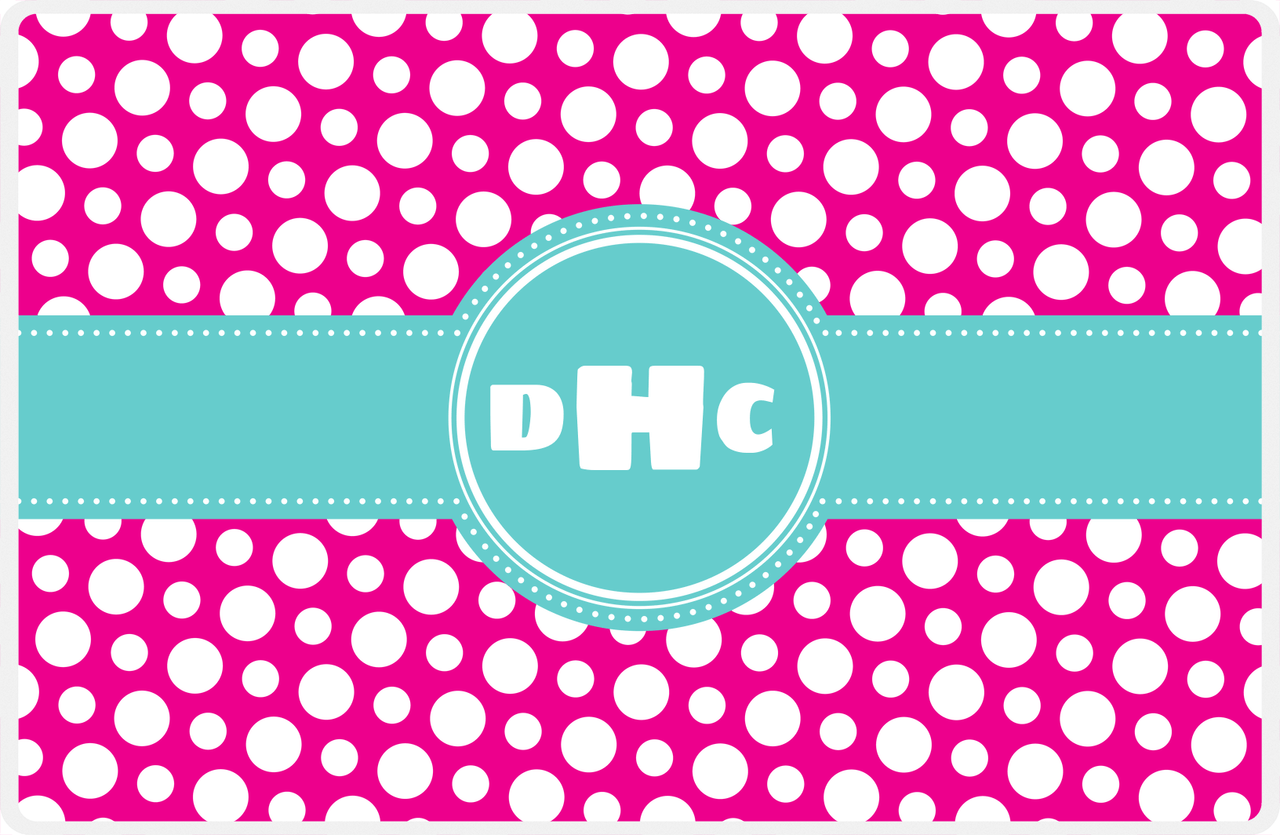 Personalized Polka Dot Placemat - Hot Pink and White - Viking Blue Circle Frame With Ribbon -  View