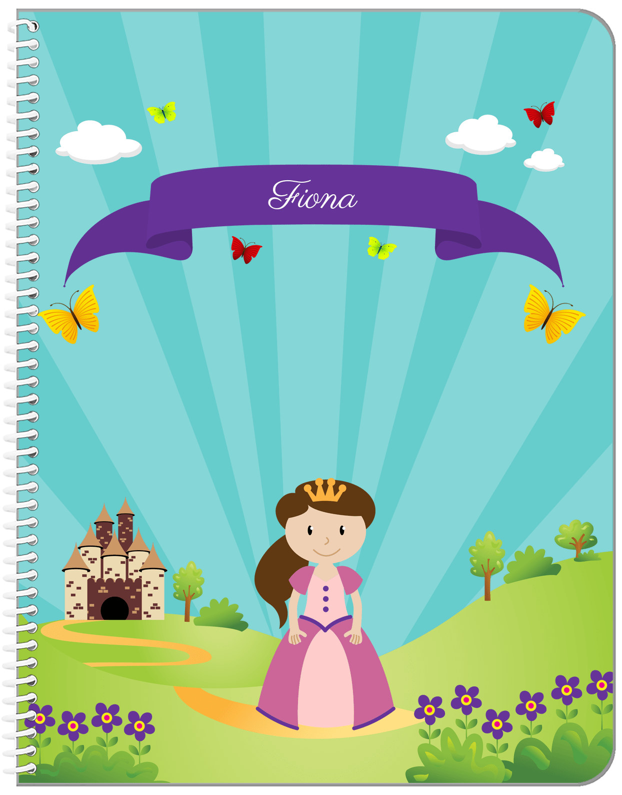 Personalized Princess Notebook II - Teal Background - Brunette Princess - Front View