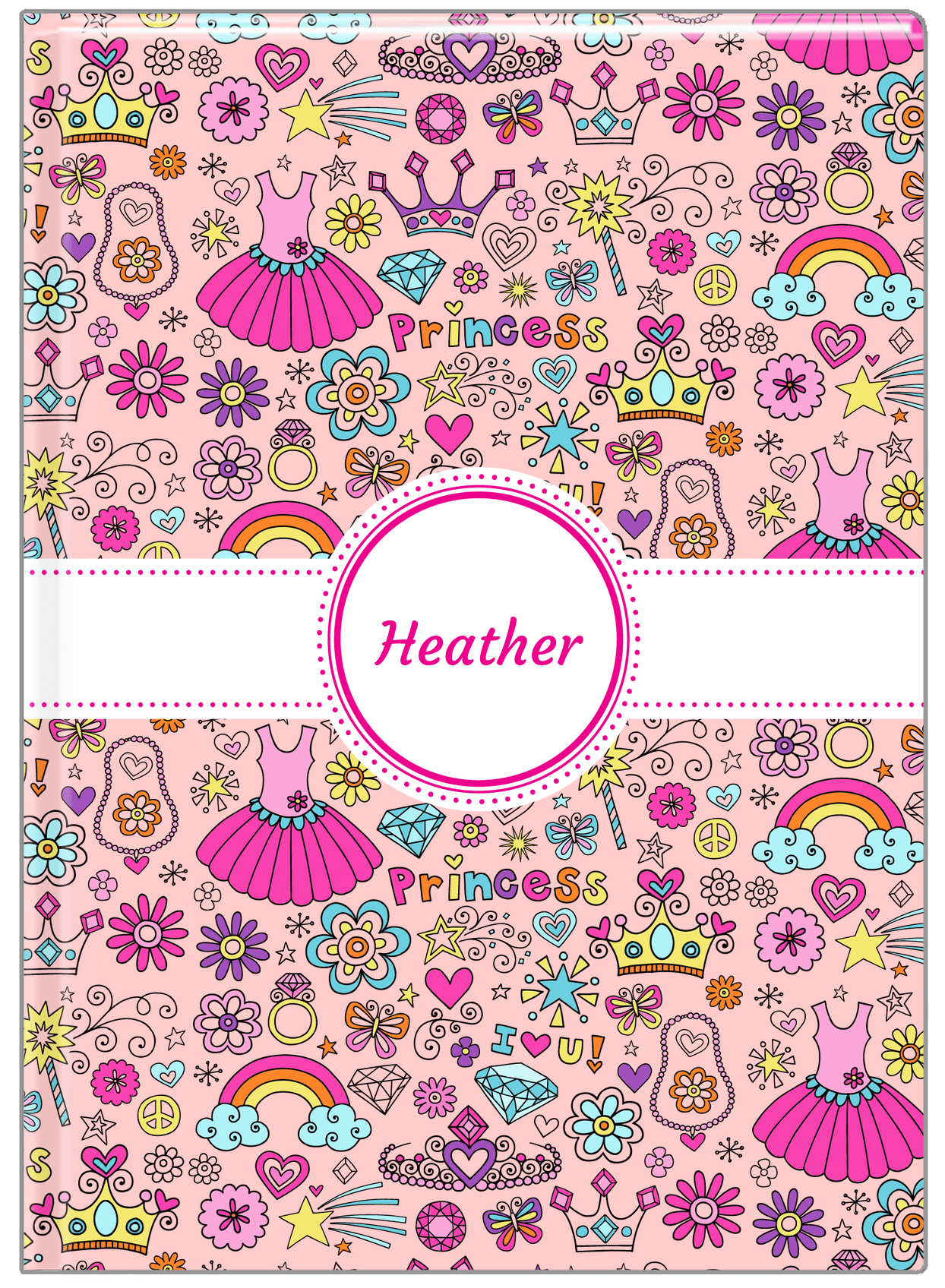 Personalized Princess Journal I - Pink Background - Circle Ribbon Nameplate - Front View