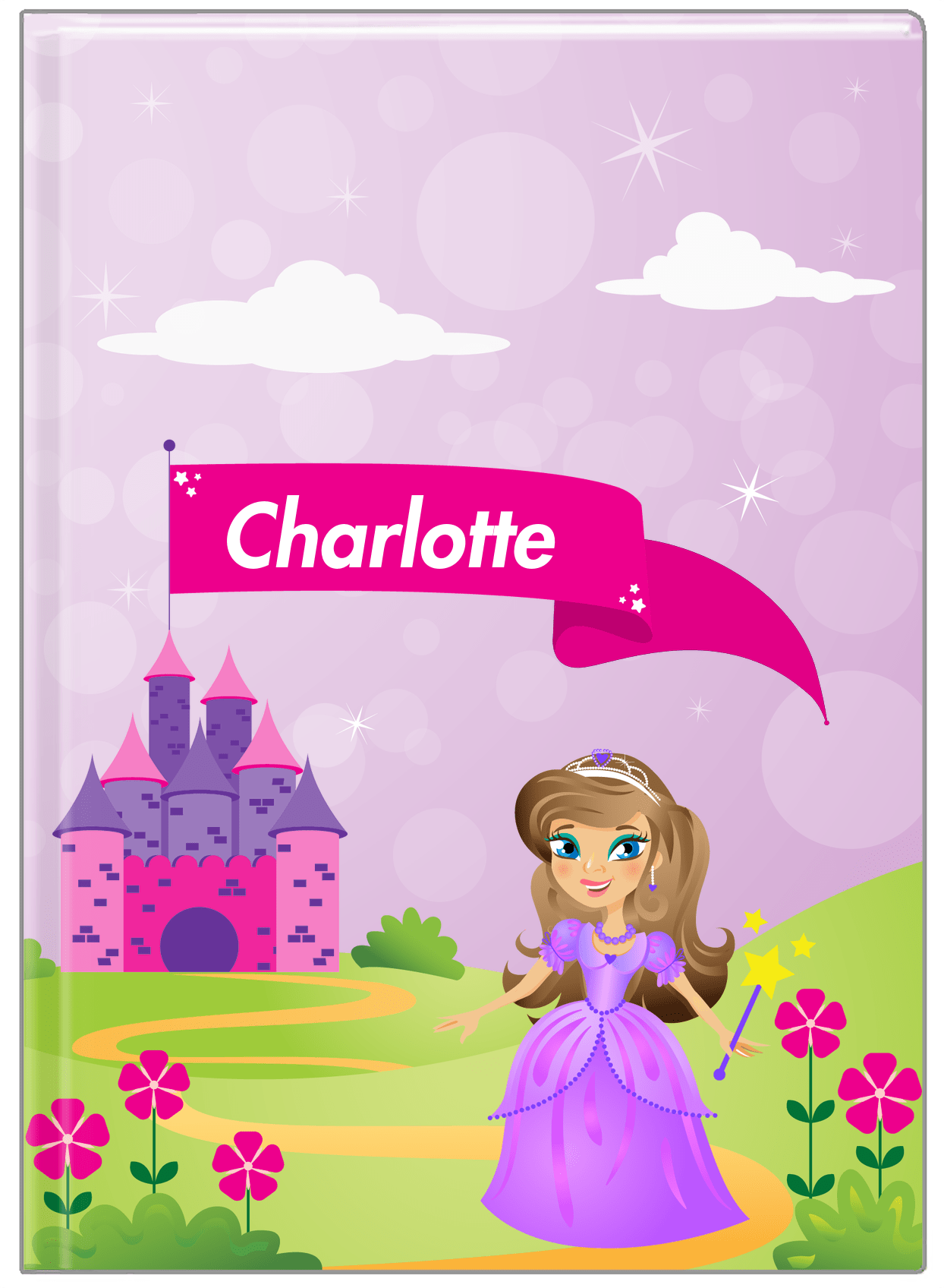 Personalized Princess Journal V - Purple Background - Brunette Princess - Front View