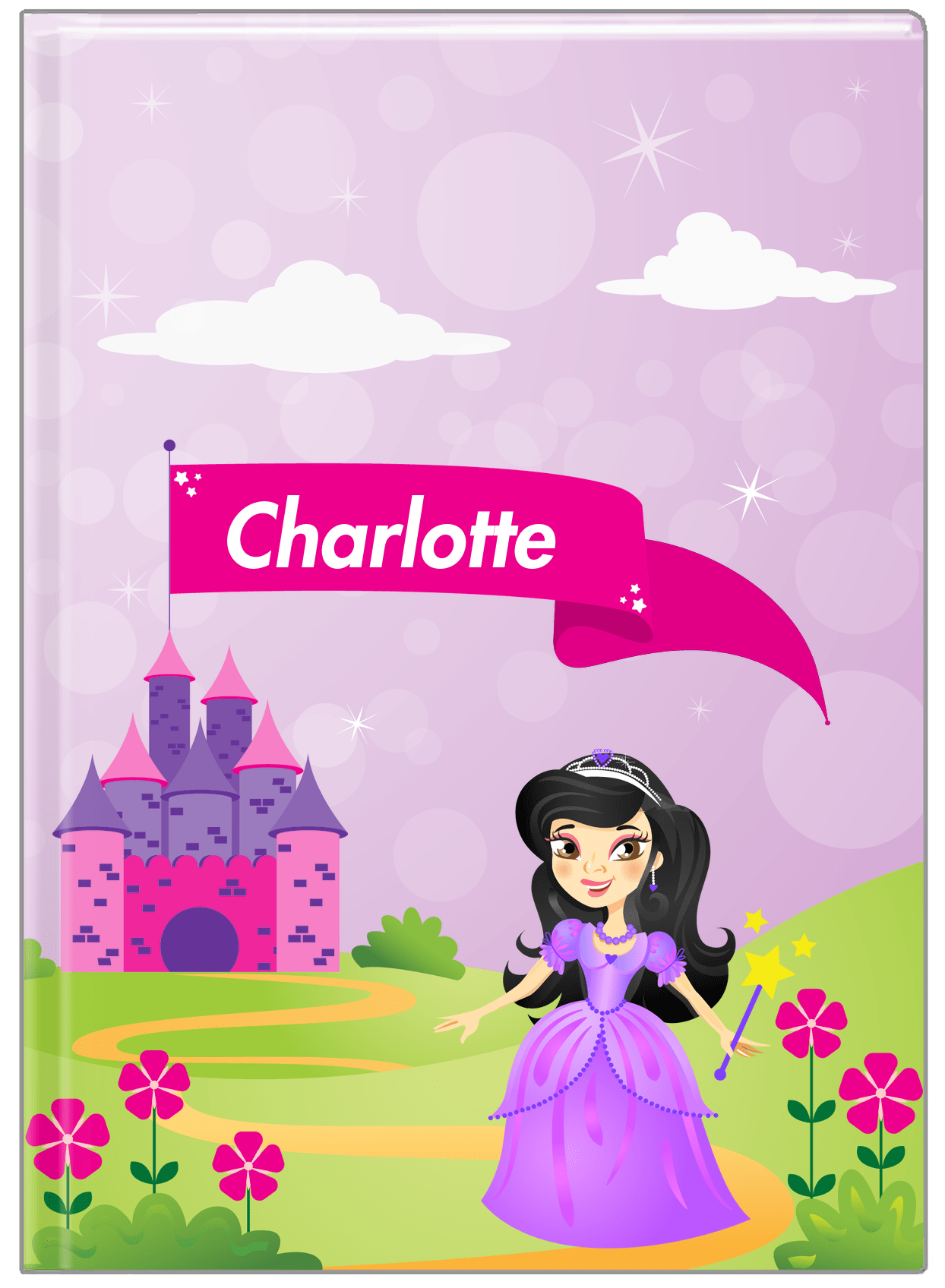 Personalized Princess Journal V - Purple Background - Black Hair Princess - Front View