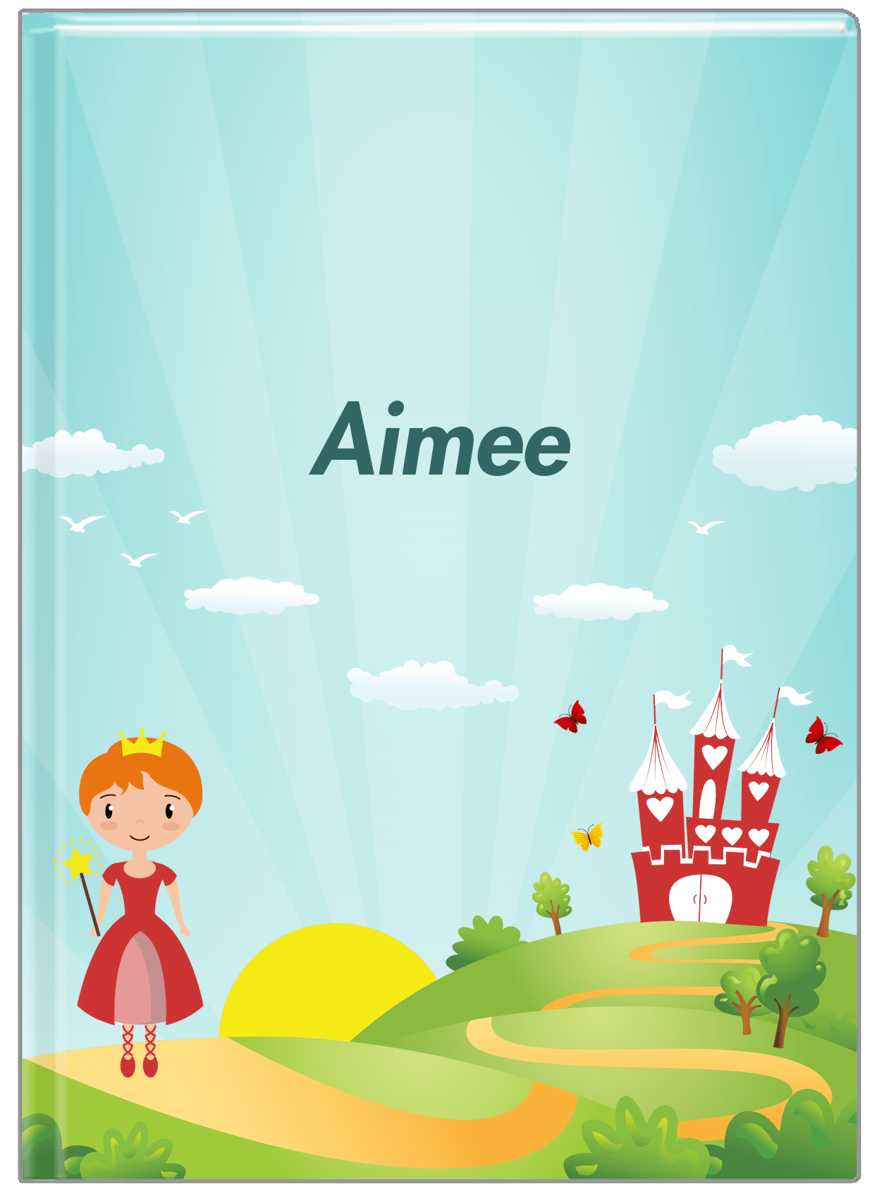 Personalized Princess Journal VIII - Teal Background - Redhead Princess - Front View
