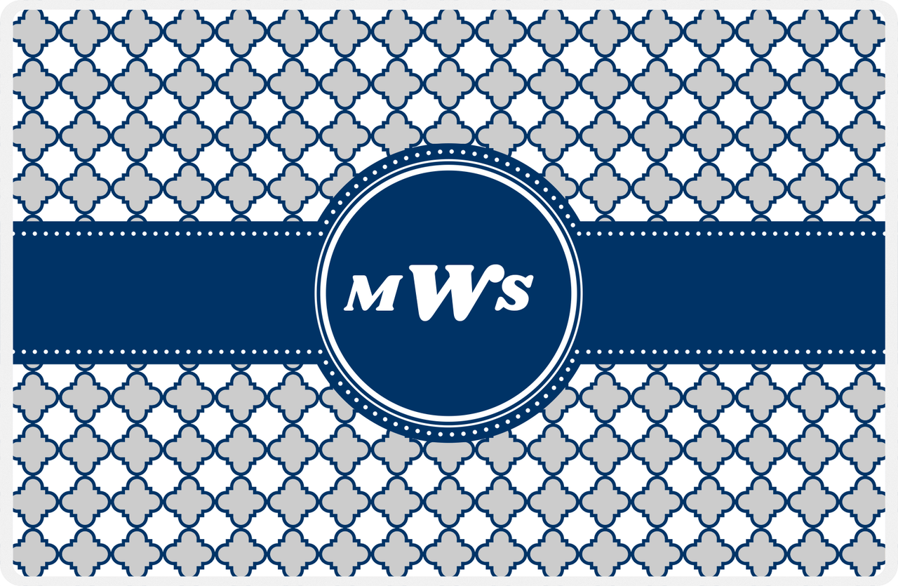 Personalized Quatrefoil Placemat - Light Grey and White - Navy Circle Frame with Ribbon -  View