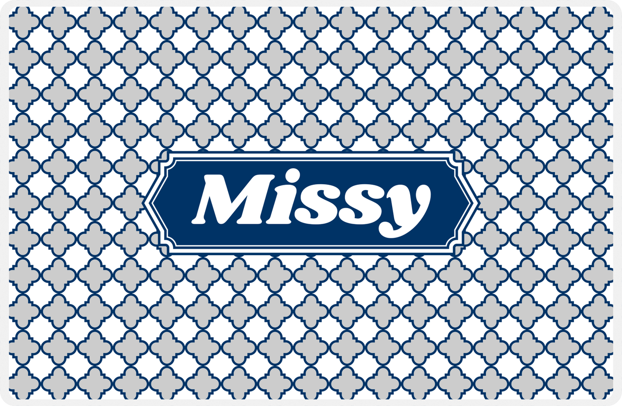 Personalized Quatrefoil Placemat - Light Grey and White - Navy Decorative Rectangle Frame -  View